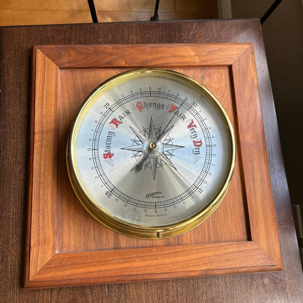 Vintage brass and wooden barometer Western Germany Colonial Optical Co